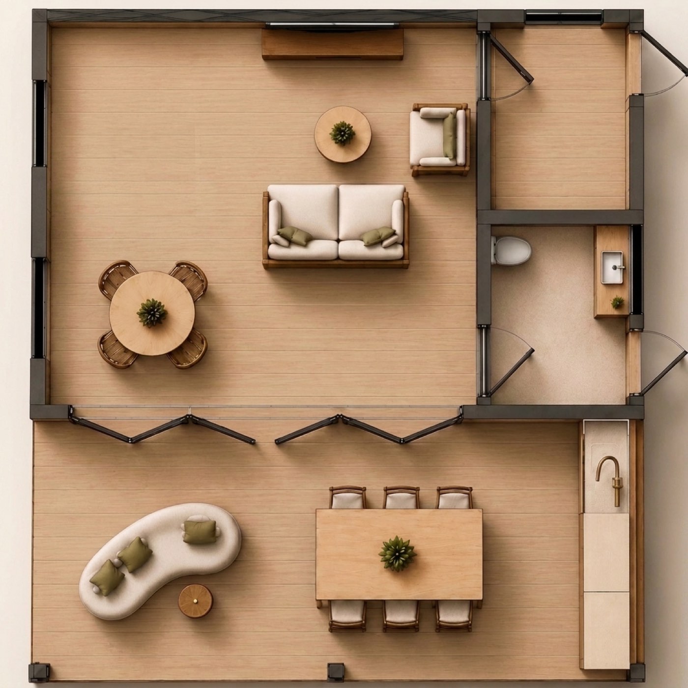 Overhead floor plan of the Pool House, showing the indoor room, powder room, storage room and covered deck