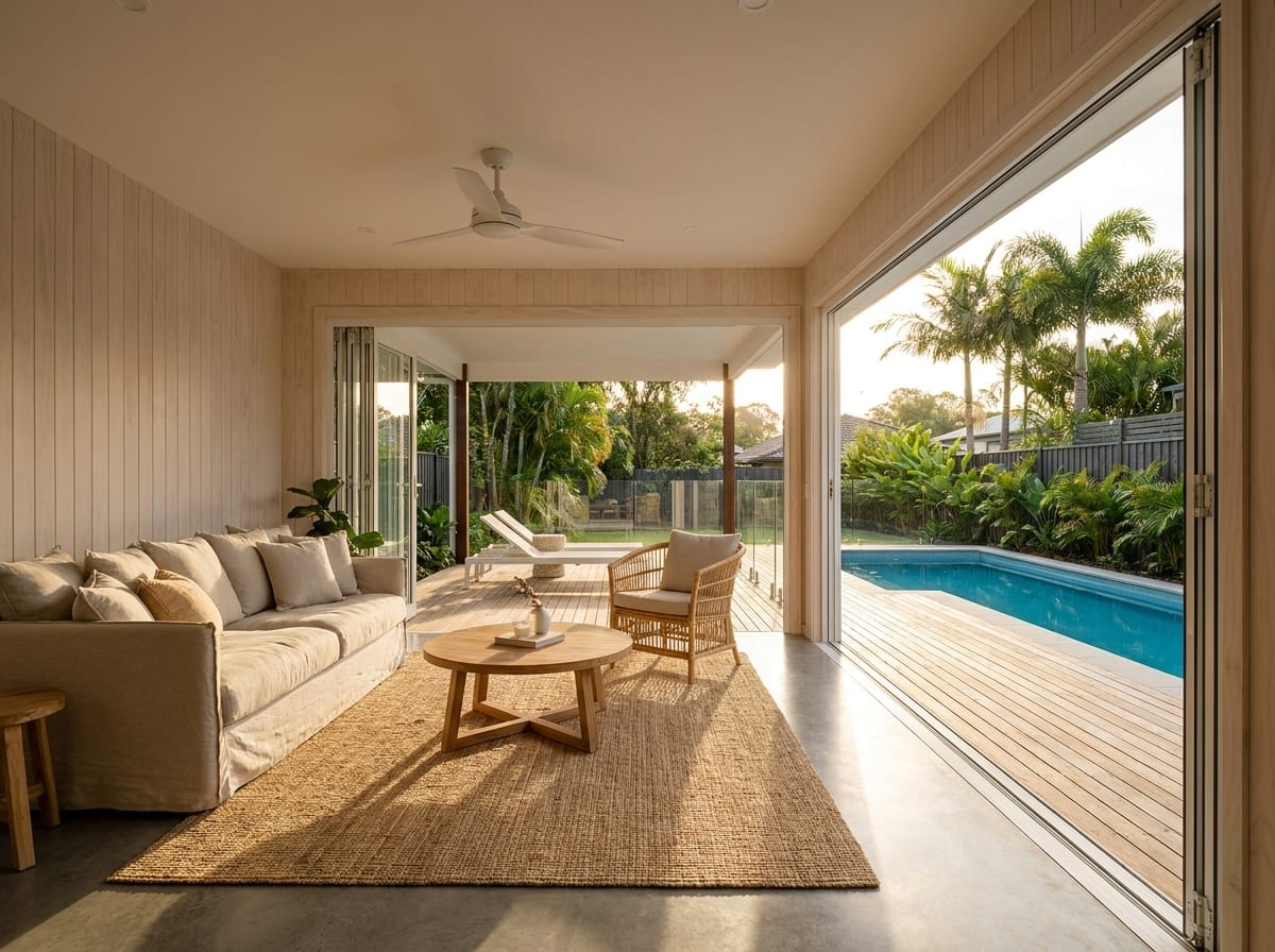 Indoor room, doors open to the deck