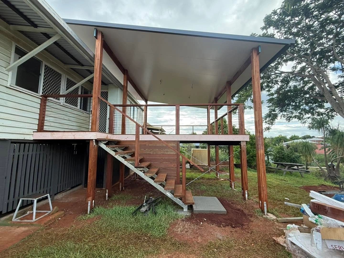 Elevated spotted gum deck with flyover roof