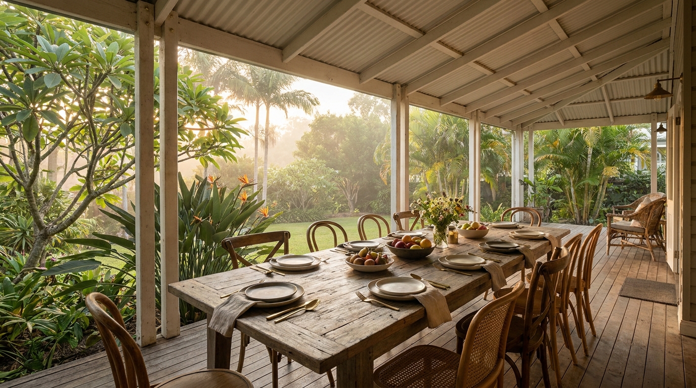 A long table set on a wide Queensland verandah