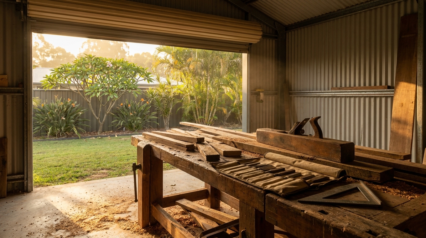 A carpenter's bench with hand tools and recycled hardwood